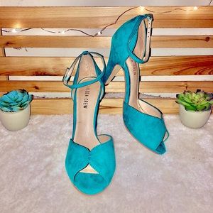 - Chelsea Crew Lola 7 Turquoise Open Toe Heels